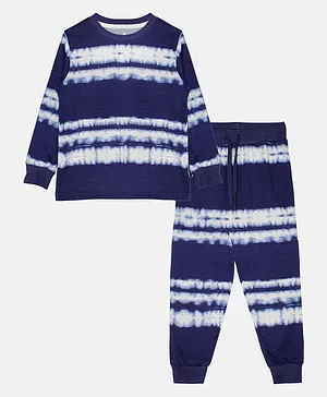 Kiddopanti Full Sleeves Tie Dye Coordinating Cotton Jersey Night Suit - Navy Blue
