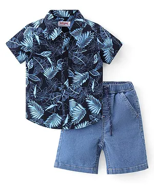 Babyhug Cotton Woven Half Sleeves Shirt & Denim Shorts Set Leaf Print - Blue