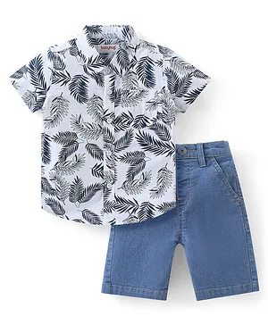 Babyhug Cotton Woven Half Sleeves Shirt & Denim Shorts With Tropical Print - White & Blue