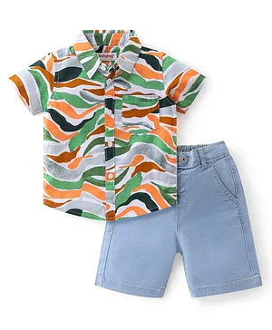Babyhug Cotton Woven Half Sleeves Shirt & Denim Shorts With Abstract Print - Multicolour