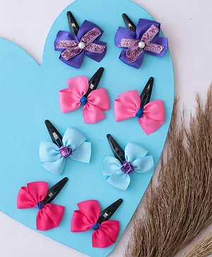 Ribbon candy Set Of 8 Pearl & Glitter Embellished Bow Detailed Hair Clips - Purple Pink Light Blue