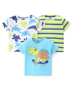 Babyhug Cotton Knit Half Sleeves Striped T-Shirts Turtle Print Pack of 3 - Multicolour