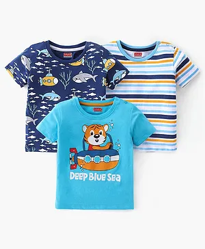 Babyhug Cotton Half Sleeves T-Shirts With Deep Sea Theme Graphics Pack of 3 - Blue