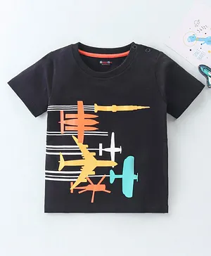 Kookie Kids Half Sleeves Airplane Printed T-Shirt - Black