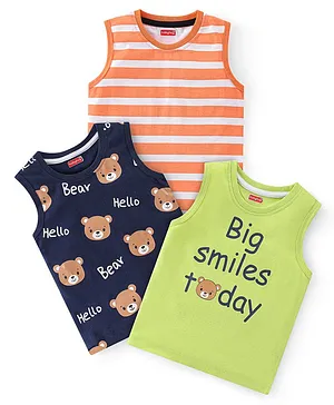 Babyhug 100% Cotton Knit Sleeveless T-Shirt Stripes & Bear Graphics Pack Of 3 - Multicolor