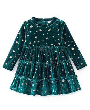 Babyhug Velour Knit Full Sleeves Frock Star Print - Green
