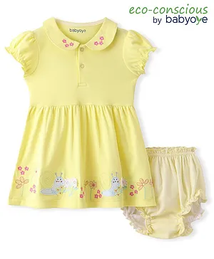 Babyoye 100% Cotton Interlock with Eco Jiva Finish Solid Dyed Half Sleeves Frock & Bloomer Set with Floral Embroidery - Yellow