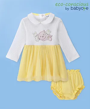 Babyoye 100% Cotton Interlock With Eco Jiva Finish Solid Dyed Full Sleeves Frocks With Bloomer Kitty Patch - Yellow