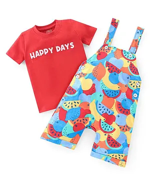 Babyhug Single Jersey Knit Dungarees & Half Sleeves T-Shirt with Watermelon Print - Multicolour
