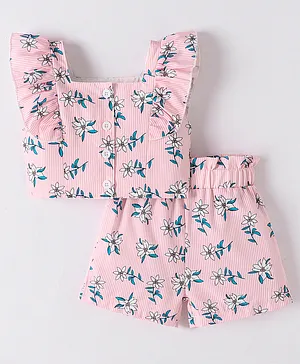 Kookie Kids Frill Sleeves Top & Short Floral Print -  Pink