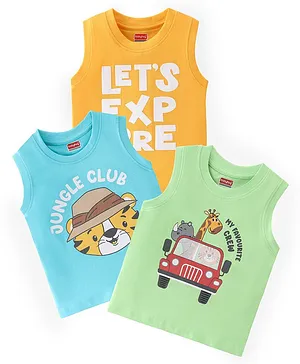 Babyhug 100% Cotton Knit Sleeveless T-Shirts with Text & Animal Graphics Pack of 3 - Multicolor