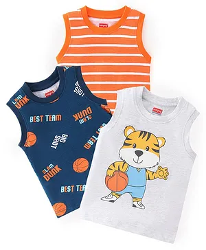 Babyhug 100% Cotton Knit Sleeveless T-Shirts with Stripe & Tiger Graphics Pack of 3 - Multicolor