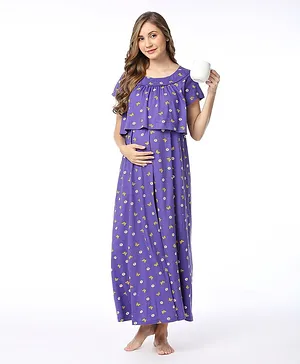 Bella Mama Cotton Knit Half Sleeves Concealed Zipper Floral Printed Nighty - Violet