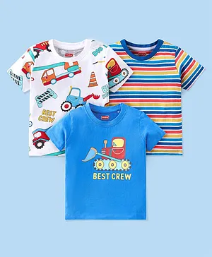 Babyhug 100% Cotton Knit Half Sleeves T-Shirts With Stripe & Vehicle Graphics Pack of 3 - Blue