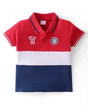 Babyhug 100% Cotton Knit Half Sleeves Cut & Sew Polo T-Shirt With Embroidery and Badge Detailing - Red White & Navy Blue