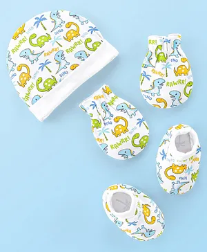 Babyhug Interlock 100% Cotton Knit Cap Mittens & Booties Set Dino Print - White