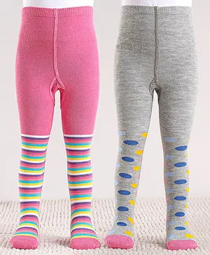 Cute Walk by Babyhug Anti Bacterial Footed  Tights Stripes & Polka Dot Design Pack of 2 - Multicolor