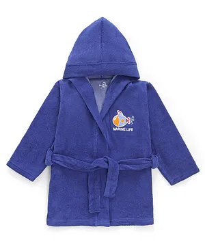 Doodle Poodle Terry Knit Full Sleeves Hooded Bath Robe- Navy Blue