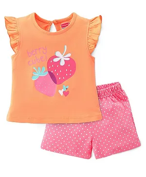 Babyhug Single Jersey Frill Sleeves Night Suit Strawberry Print - Orange & Pink