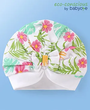 Babyoye  100% Cotton Woven Organic Caps Floral Print with Bow Applique  -White