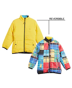 Okane Knit Full Sleeves Reversible Jacket Solid Colour & Checkered - Yellow
