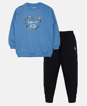Kiddopanti Full Sleeves Placement Text & Sequin Heart Embellished Fleece Track Suit Set - Ink Blue & Jet Black
