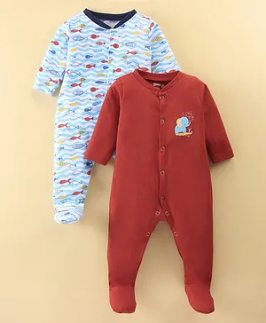 Ohms Single Jersey Full Sleeves Sleepsuits Elephant & Fish Print Pack of 2 - Blue & Red
