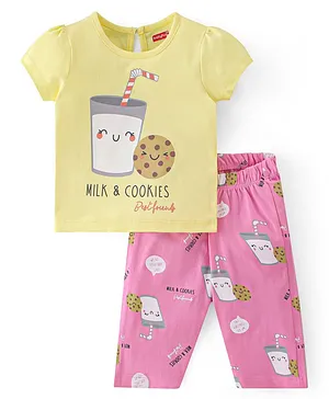 Babyhug Cotton Single Jersey Knit Half Sleeves Night Suit Cookies Print - Yellow & Pink