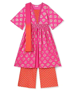 EARTHY TOUCH Half Sleeves Kurti Salwar Set with Dupatta Gold Foil Floral Print - Pink