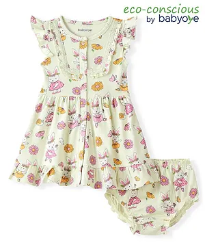 Babyoye 100% Cotton With Eco Jiva Finish Half Sleeves Frocks With Bloomer Bunny & Floral Print - Pista Green