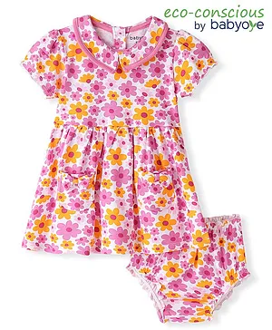 Babyoye 100% Cotton With Eco Jiva Finish Half Sleeves Floral Printed Frocks With Bloomer - White