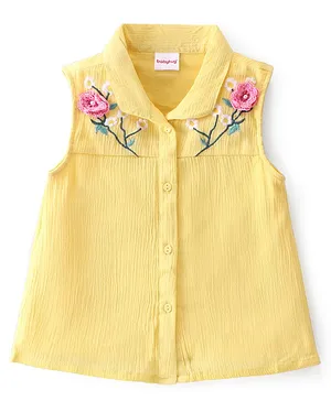 Babyhug Woven Sleeveless Floral Embroidery Crinkle Crepe Top - Yellow