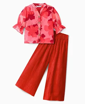 Ollington St. Georgette Three Fourth Sleeves Floral Printed Top & Pleated Satin Culottes - Peach & Red