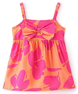 Babyhug Rayon Woven Sleeveless Floral Printed Singlet Top with Bow Applique - Mustard Yellow & Pink