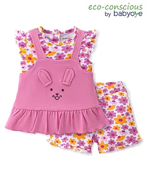 Babyoye 100% Cotton with Eco Jiva Finish Frill Sleeves Top & Shorts Floral & Bunny Print - Pink & White
