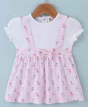 ToffyHouse Cotton Woven Half Sleeves Frock with Bow Applique Flamingo Print - Pink