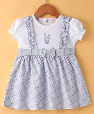 ToffyHouse Half Sleeves Frock With Bunny Embroidery & Checkered - White & Grey