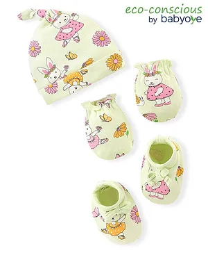 Babyoye  100% Cotton with Eco Jiva Finish Solid Dyed Na Caps Mittens & Booties Set Bunny Print - Pista Green