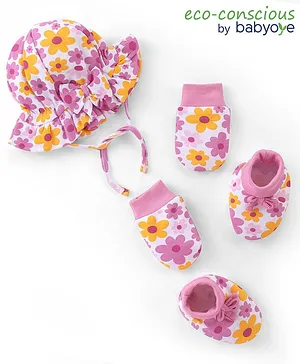 Babyoye 100% Cotton with Eco Jiva Finish Solid Dyed Cap Mittens & Booties Floral Print - White