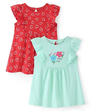 Doodle Poodle 100% Cotton Knit  Frill Sleeve Frock with Heart & Floral Print  Pack of 2 -Multicolour