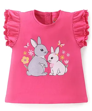Babyhug 100% Cotton Knit Frill Sleeves Top with Rabbit Graphics - Pink