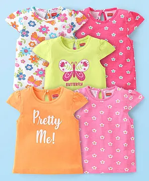 Babyhug 100% Cotton Cap Sleeves Top With Butterfly & Floral Graphics Pack of 5 - Multicolour