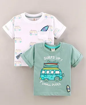 ToffyHouse Cotton Half Sleeves Beach Van Printed T-Shirts Pack of 2 - Green & White
