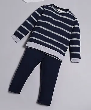 RAINE AND JAINE Full Sleeves Double Striped Tee & Pajama Set - Navy Blue