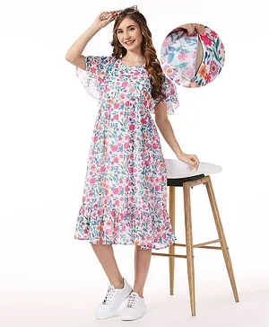 Bella Mama Woven Flutter Sleeves Maternity Dress with Floral Print - White
