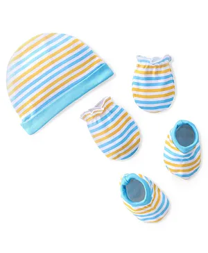 Babyhug 100% Cotton Knit Cap Mittens & Booties  Stripe Print- Blue