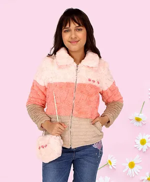 Cutecumber  Full Sleeve Fur Embellished & Floral Patch Detailed Colour Blocked  Jacket & Sling Bag - Peach