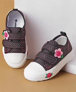 Cute Walk by Babyhug Polka Dots Printed Casual Shoes with Velcro Closure & Floral Applique - Black