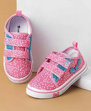 Cute Walk by Babyhug Polka Dots Printed Casual Shoes with Velcro Closure & Floral Applique - Pink