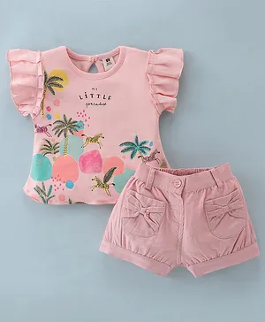 ToffyHouse Cotton Knit to Woven Frill Sleeves Top & Shorts With Animal Print - Flamingo